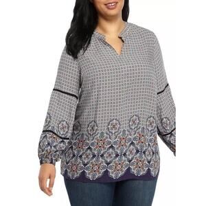 New Directions Flowy Peasant Tunic Blouse Blue Print Women’s Plus Size 1X NWT